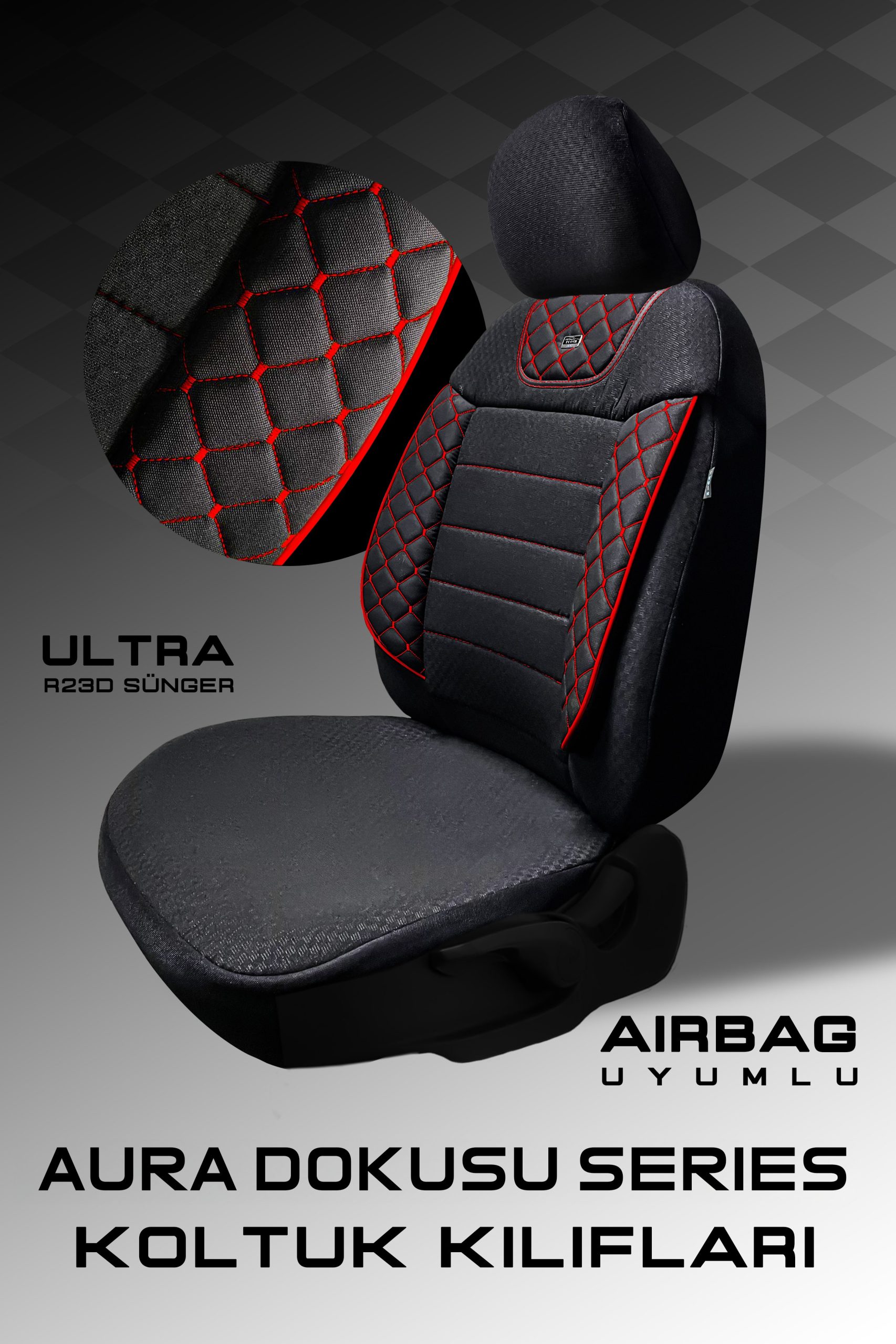 Aura Doku Seri Mödüler Set – 2+1 Ticari Oto Koltuk Kılıfı – Universal Uyum (Siyah-Kırmızı) - Görsel 3