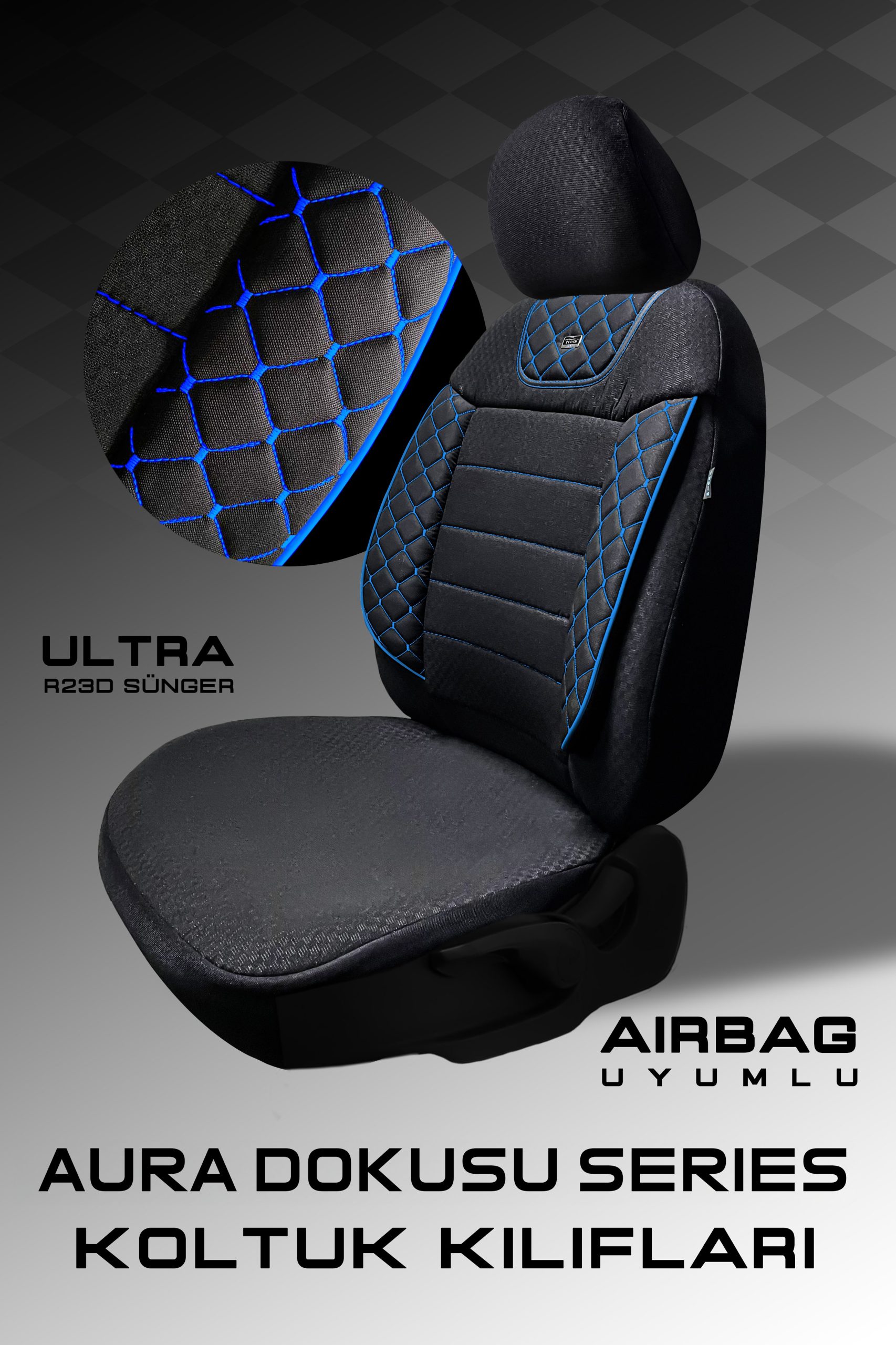 Aura Doku Seri Mödüler Set – 2+1 Ticari Oto Koltuk Kılıfı – Universal Uyum (Siyah-Mavi) - Görsel 3