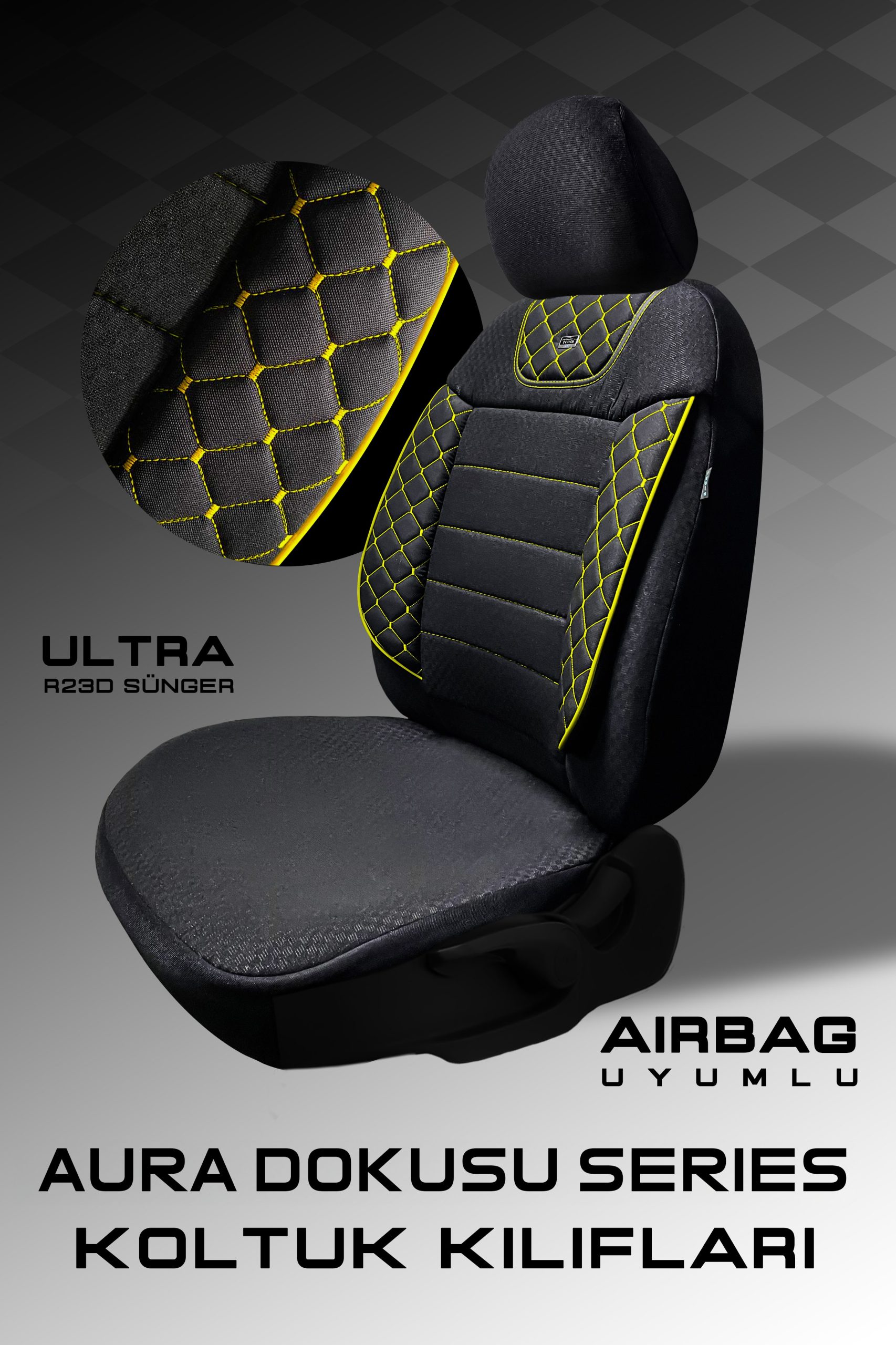 Aura Doku Seri Mödüler Set – 2+1 Ticari Oto Koltuk Kılıfı – Universal Uyum (Siyah-Sarı) - Görsel 3