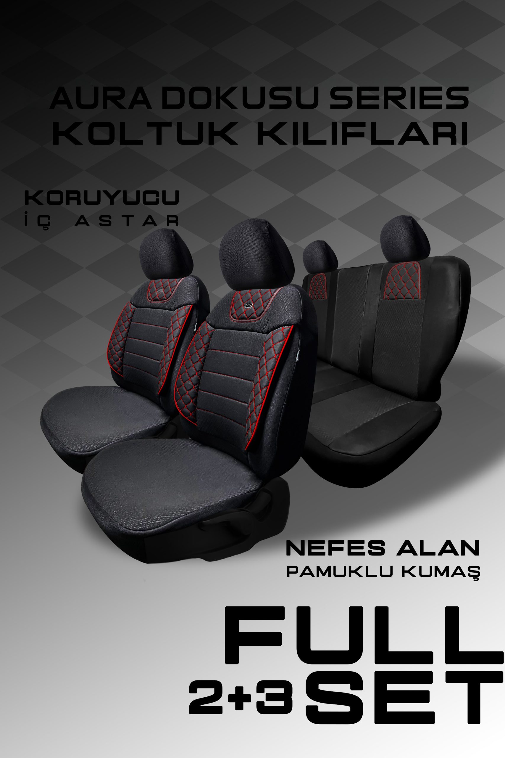 Aura Doku Seri Mödüler Set – 2+1 Ticari Oto Koltuk Kılıfı – Universal Uyum (Siyah-Kırmızı) - Görsel 4