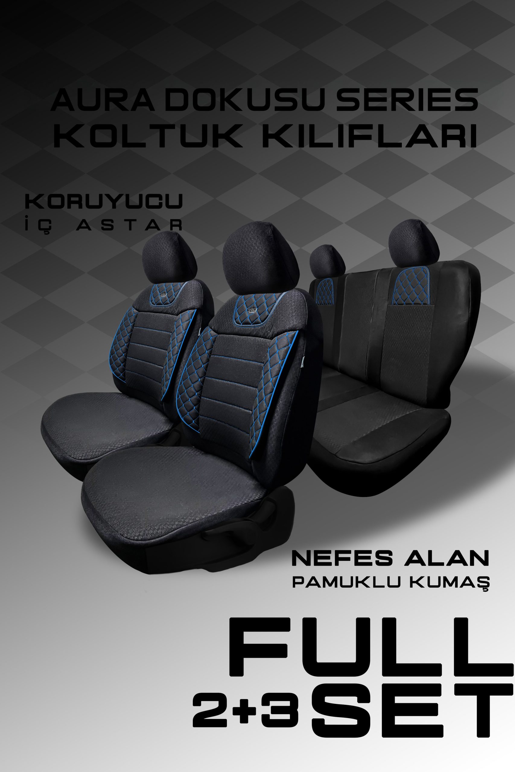 Aura Doku Seri Mödüler Set – 2+1 Ticari Oto Koltuk Kılıfı – Universal Uyum (Siyah-Mavi) - Görsel 4