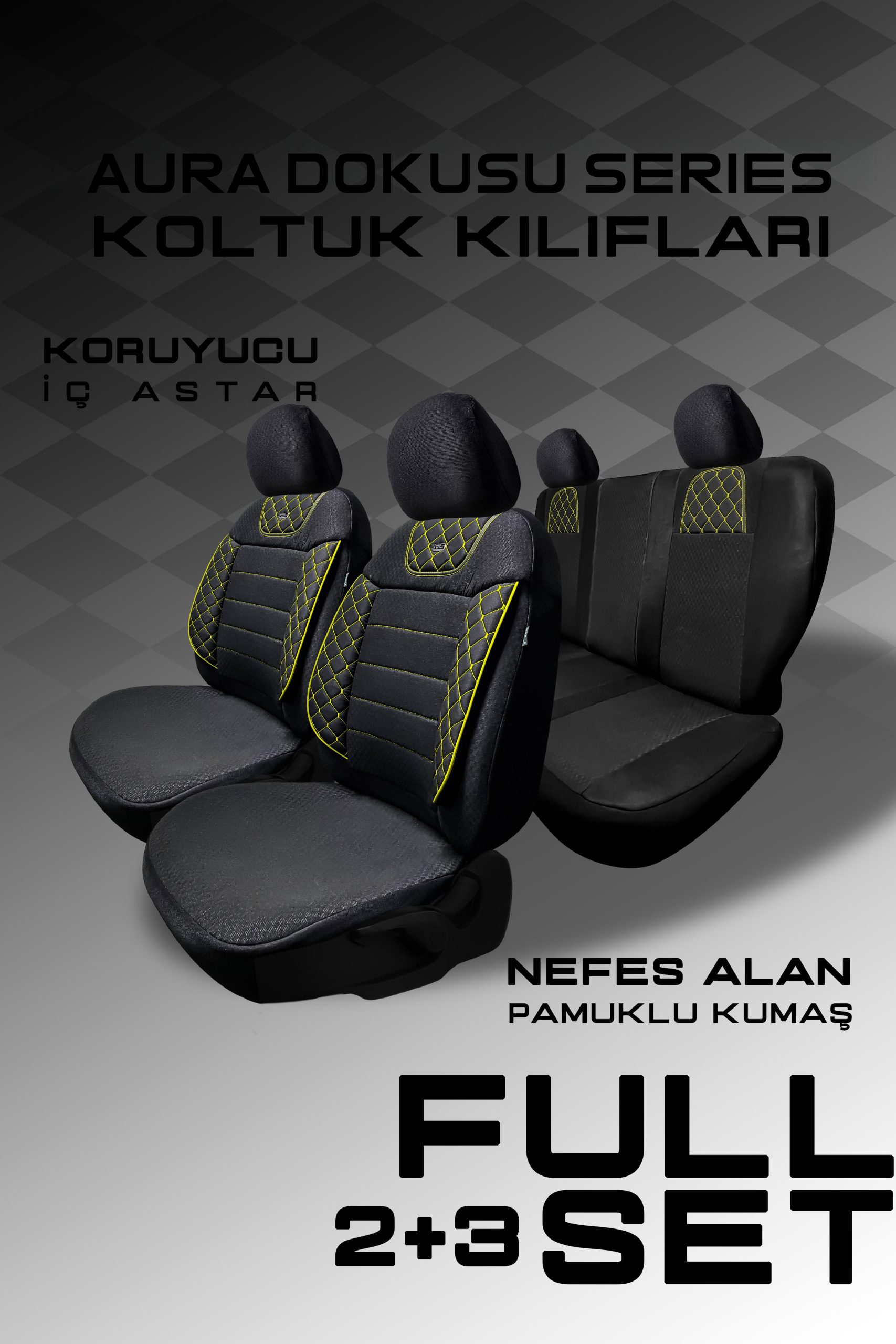 Aura Doku Seri Mödüler Set – 2+1 Ticari Oto Koltuk Kılıfı – Universal Uyum (Siyah-Sarı) - Görsel 4