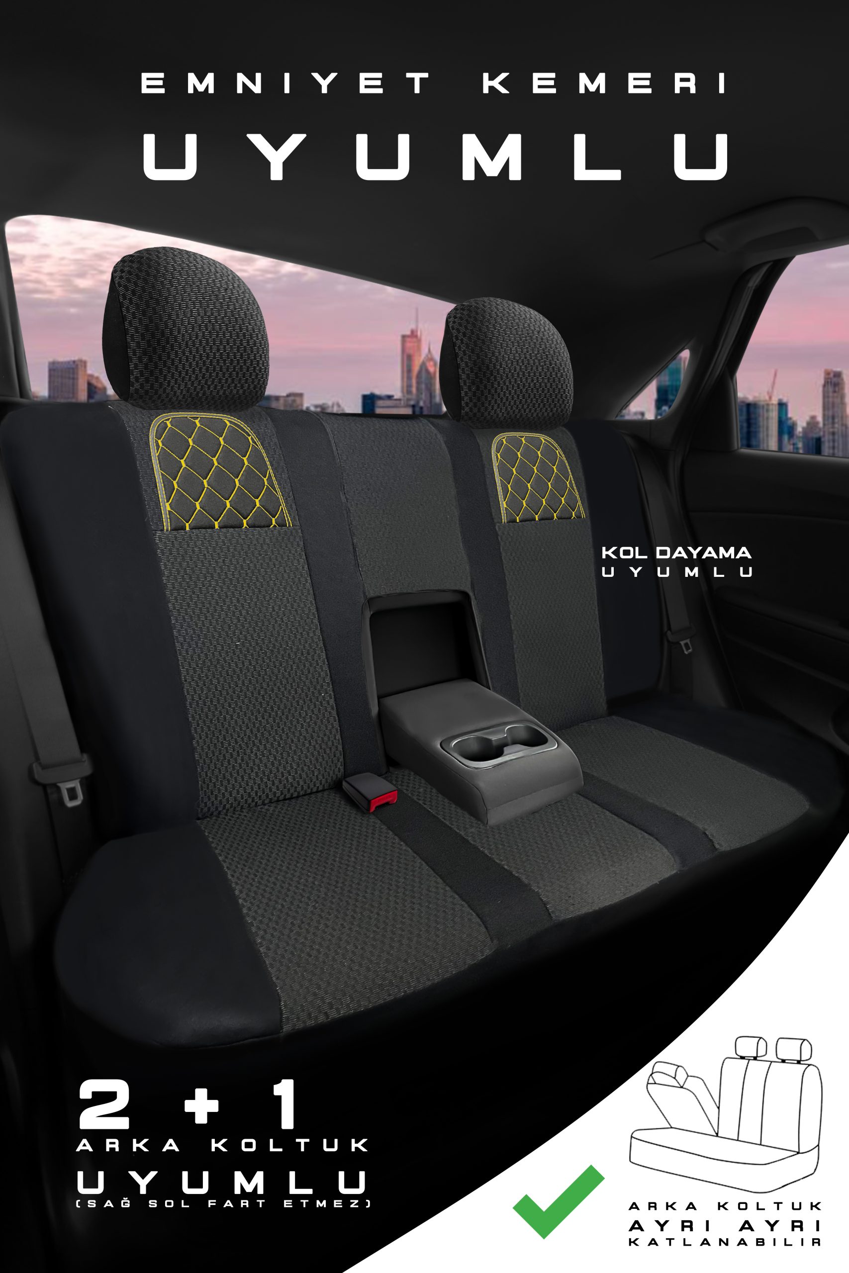Aura Doku Seri Mödüler Set – 2+1 Ticari Oto Koltuk Kılıfı – Universal Uyum (Siyah-Sarı) - Görsel 2