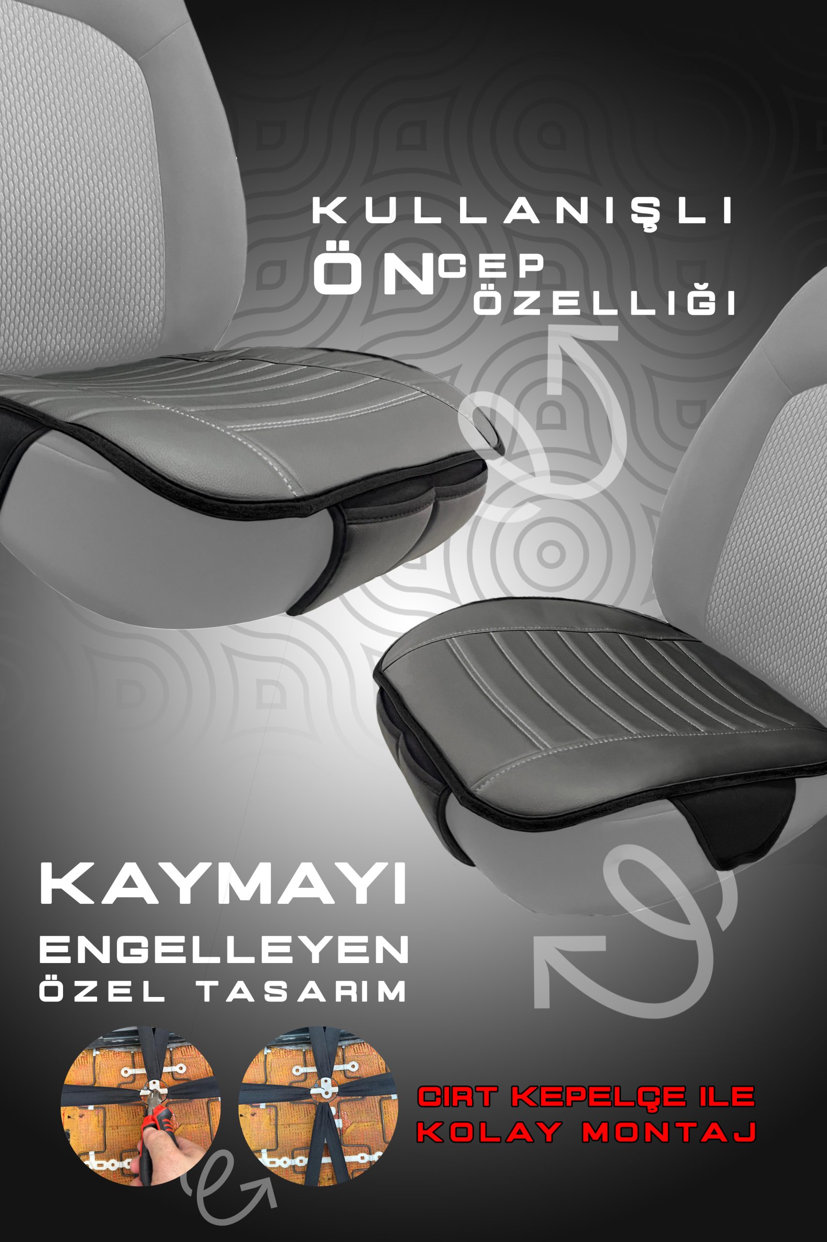 Luxe 3'lü Set Deri Su Geçirmez Oto Koltuk Minderi Seti (Siyah-Beyaz) - Görsel 4