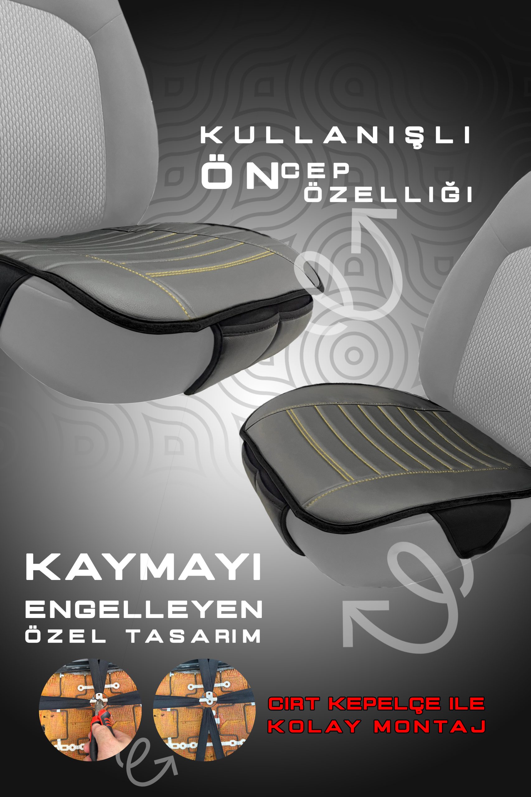 Luxe 3'lü Set Deri Su Geçirmez Oto Koltuk Minderi Seti (Siyah-Sarı) - Görsel 4