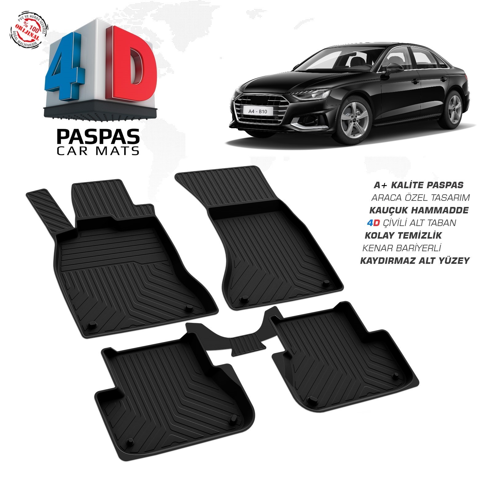 Audi A4 (B9 Makyaj) 2019 Ve Sonrası Uyumlu Araç İçi 4D Havuzlu Paspas