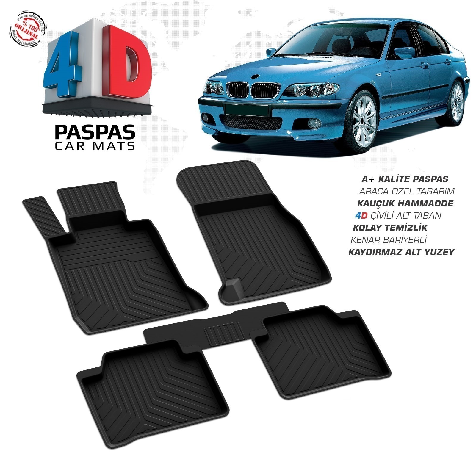 BMW 3 Serisi E46 1998-2005 Uyumlu Araç İçi 4D Havuzlu Paspas