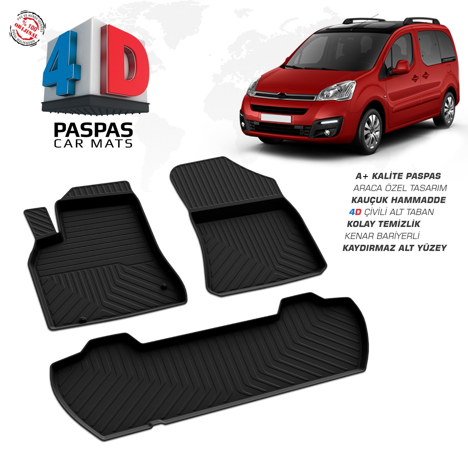 Citroen Berlingo 2 2008-2018 Uyumlu Araç İçi 4D Havuzlu Paspas