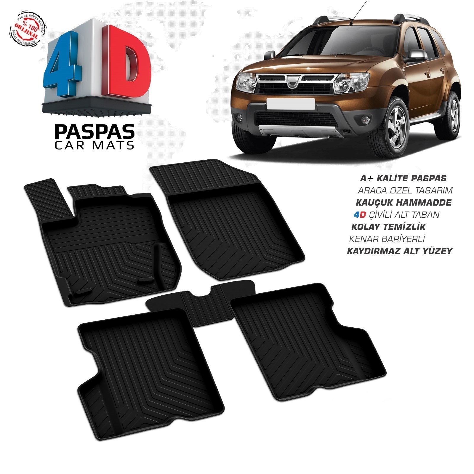 Dacia Duster 2009-2018 Uyumlu Araç İçi 4D Havuzlu Paspas