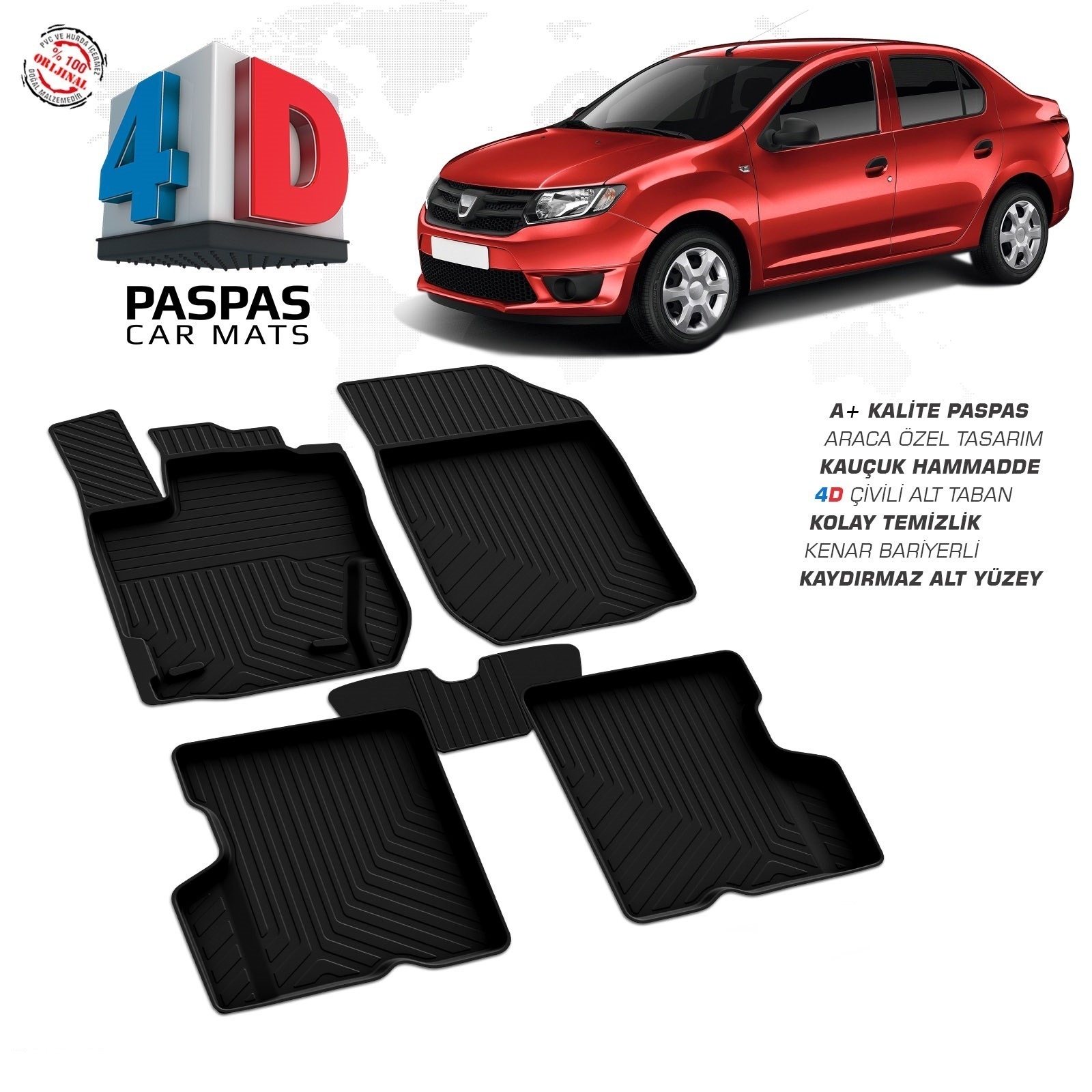 Dacia Logan 2 2013-2020 Uyumlu Araç İçi 4D Havuzlu Paspas
