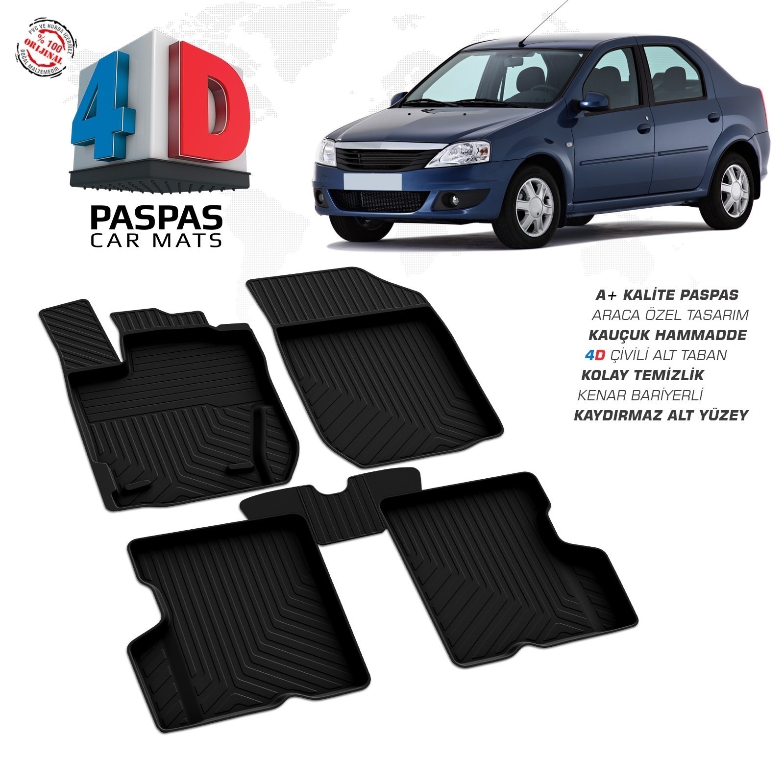 Dacia Logan 2005-2012 Uyumlu Araç İçi 4D Havuzlu Paspas