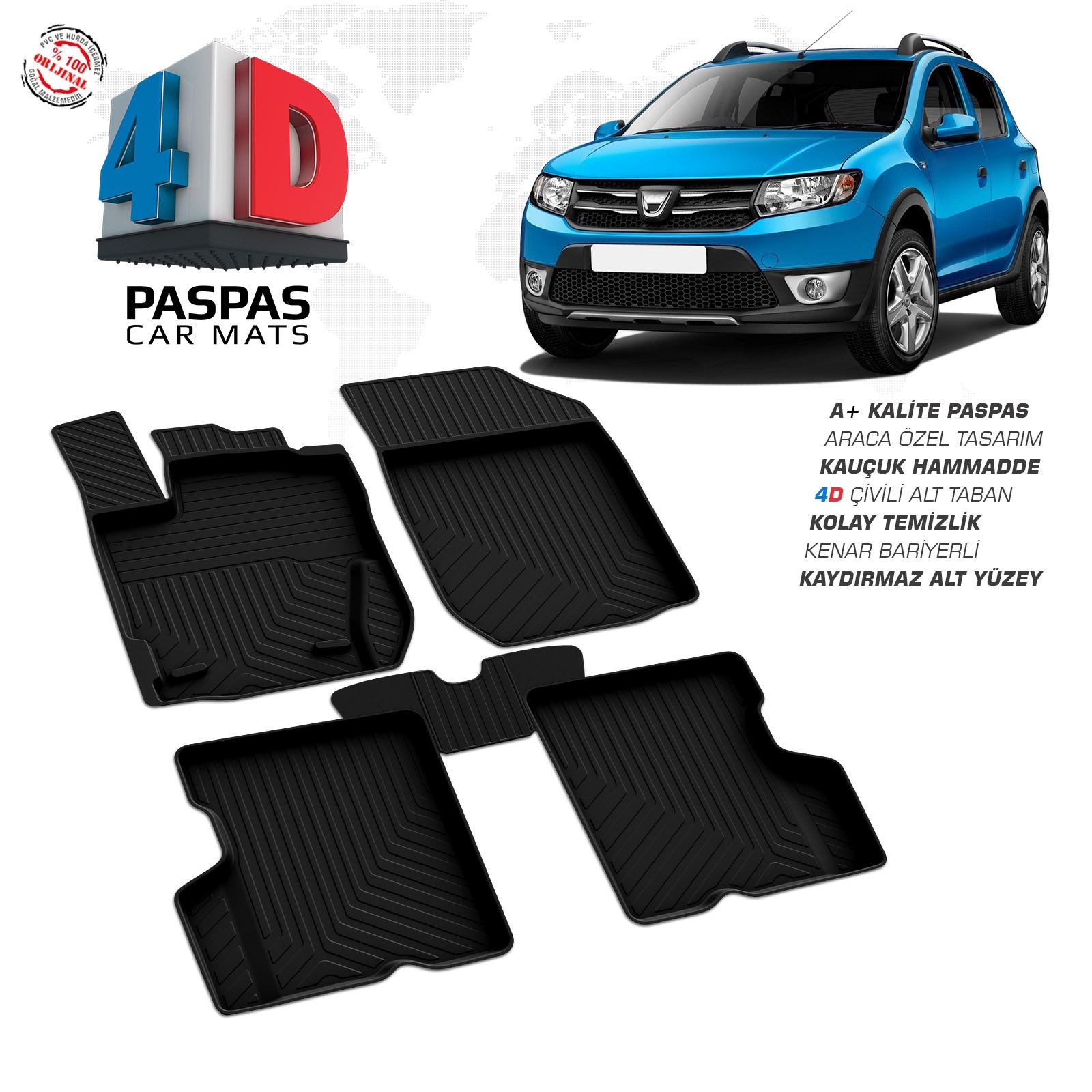Dacia Sandero 2 2013-2020 Uyumlu Araç İçi 4D Havuzlu Paspas