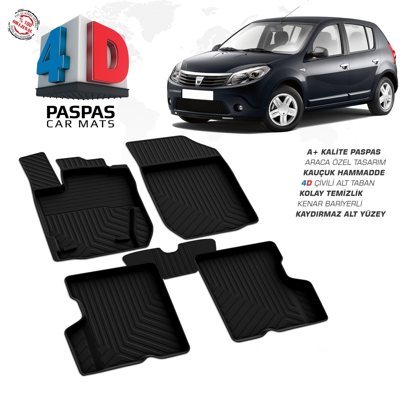 Dacia Sandero 2008-2013 Uyumlu Araç İçi 4D Havuzlu Paspas