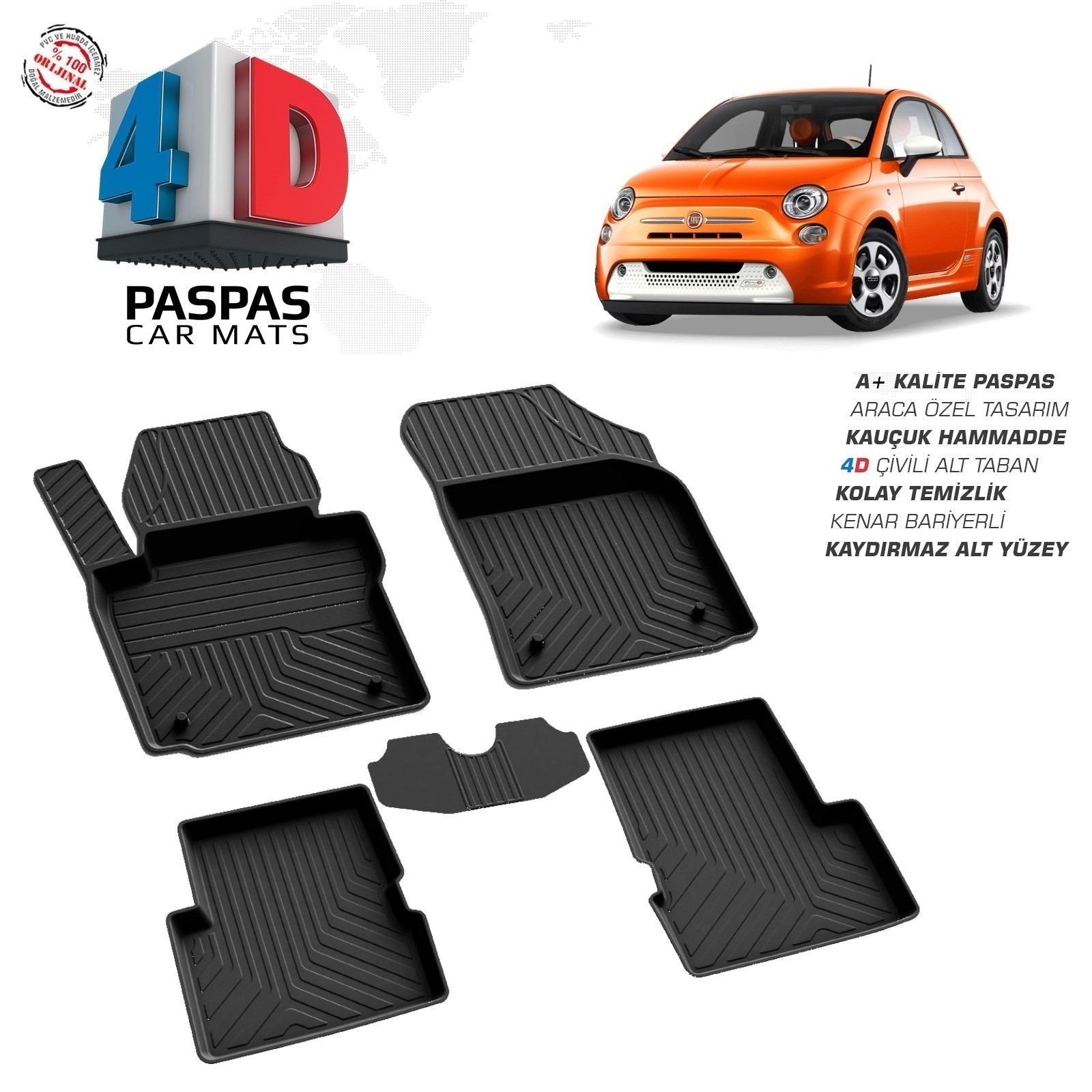 Fiat 500 2010-2016 Uyumlu Araç İçi 4D Havuzlu Paspas