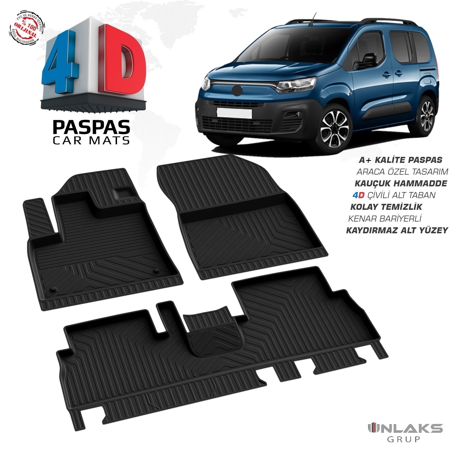 Fiat Doblo 3 2022 Ve Sonrası Uyumlu Araç İçi 4D Havuzlu Paspas