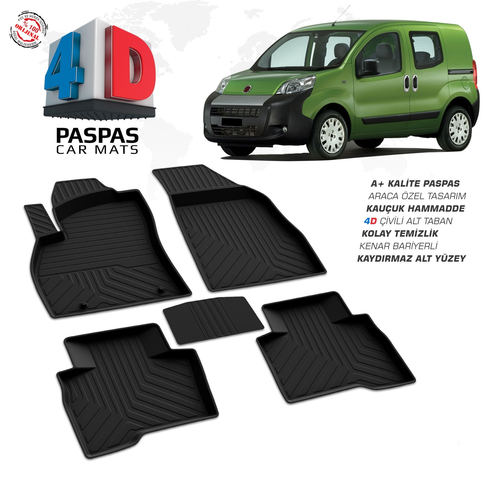 Fiat Fiorino 2008-2017 Uyumlu Araç İçi 4D Havuzlu Paspas