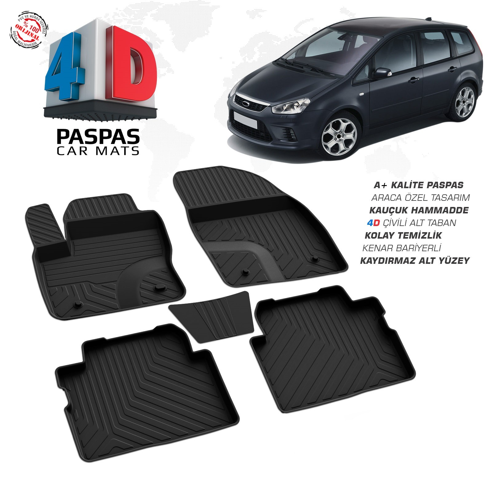 Ford C-Max 2003-2010 Uyumlu Araç İçi 4D Havuzlu Paspas