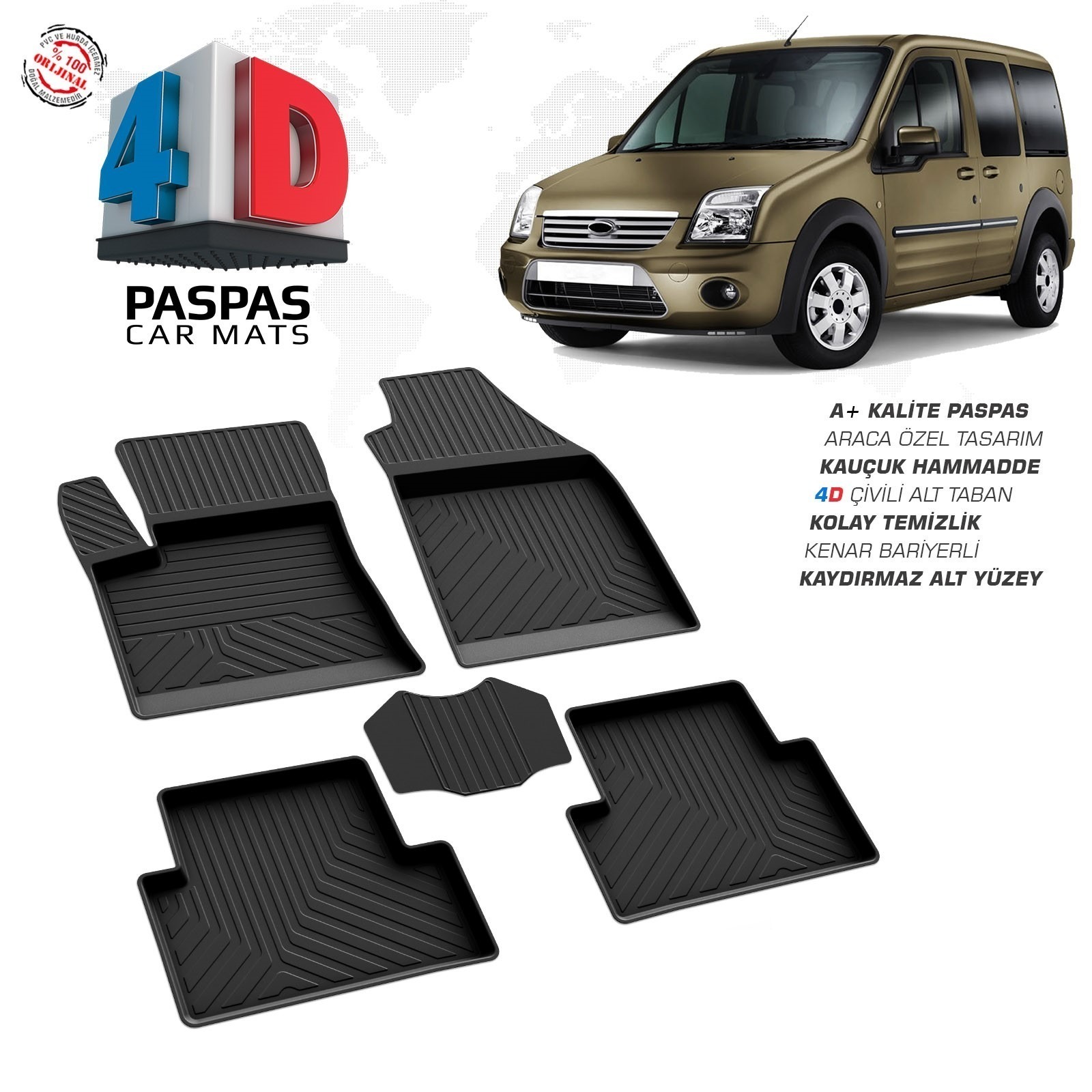 Ford Connect 2002-2014 Uyumlu Araç İçi 4D Havuzlu Paspas