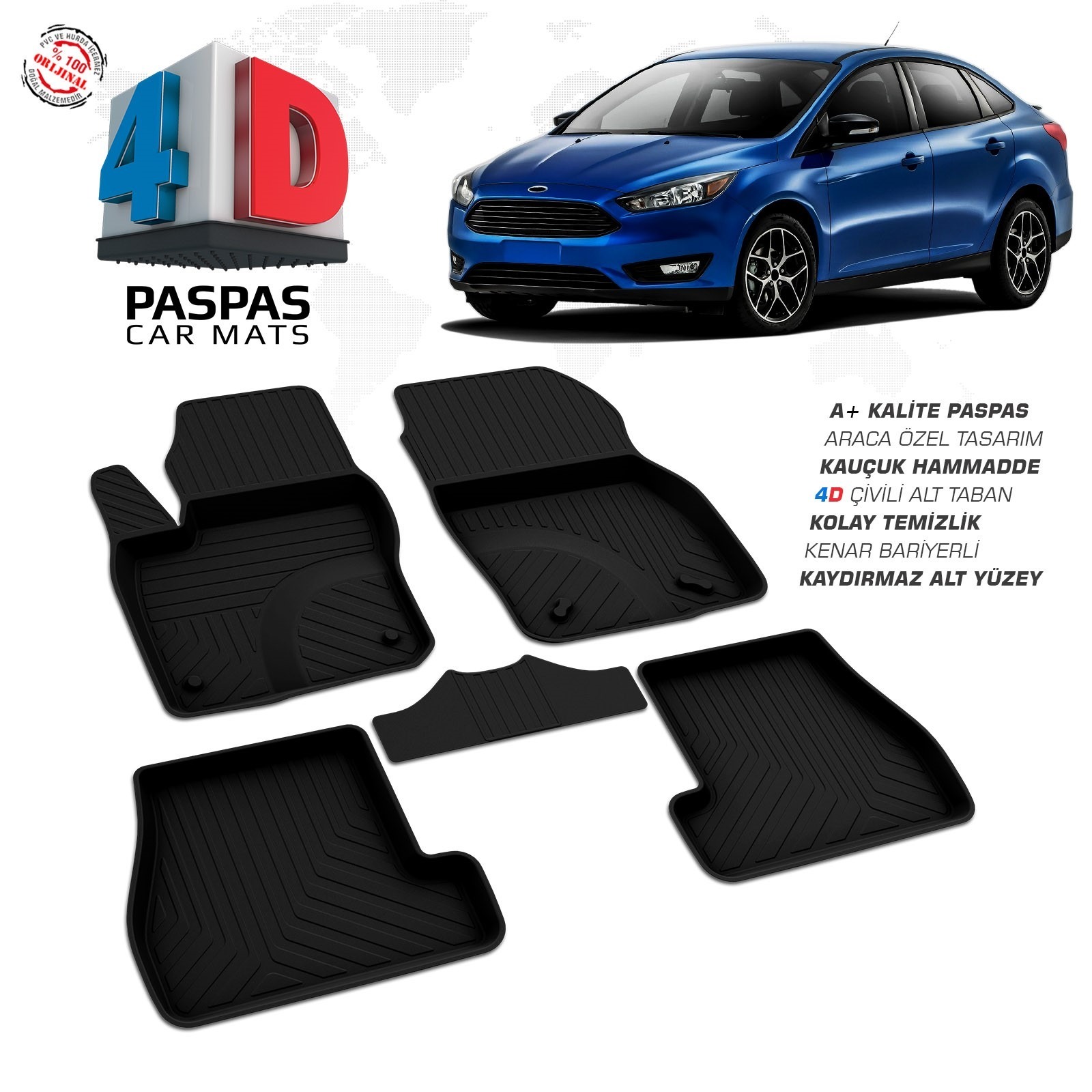 Ford Focus 3 SD 2011-2014 Uyumlu Araç İçi 4D Havuzlu Paspas