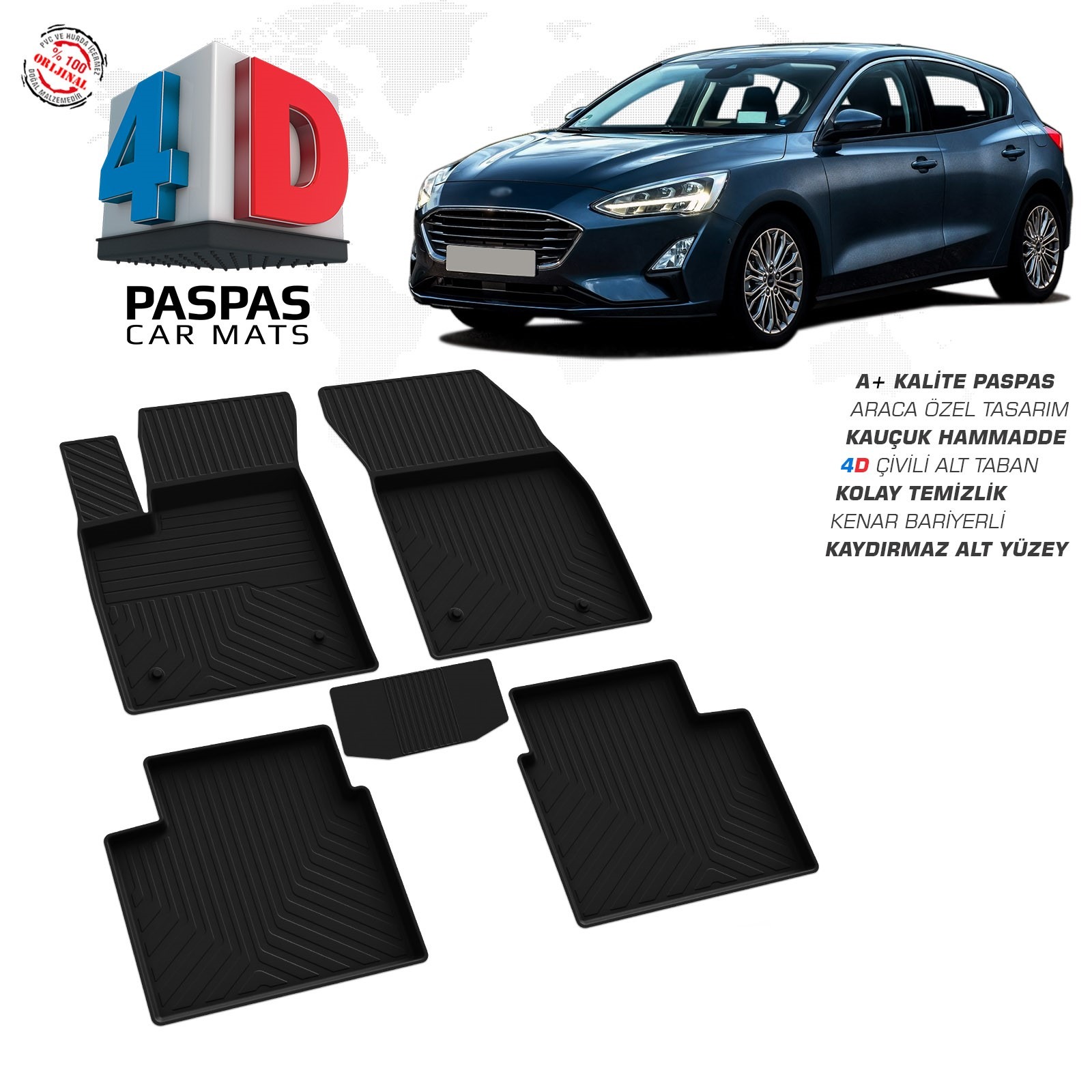 Ford Focus 4 HB 2018 Ve Sonrası Uyumlu Araç İçi 4D Havuzlu Paspas