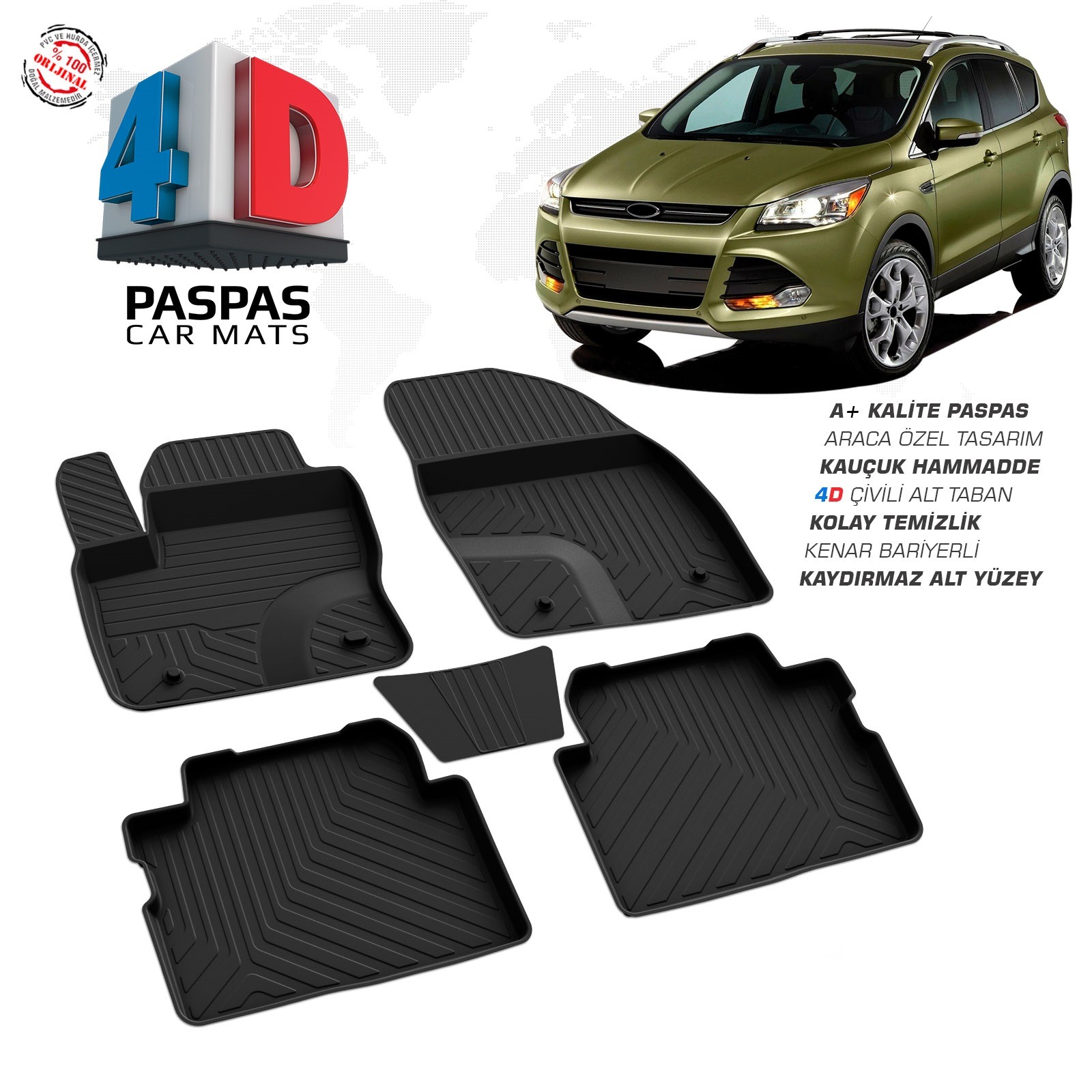 Ford Kuga 2 2013-2019 Uyumlu Araç İçi 4D Havuzlu Paspas