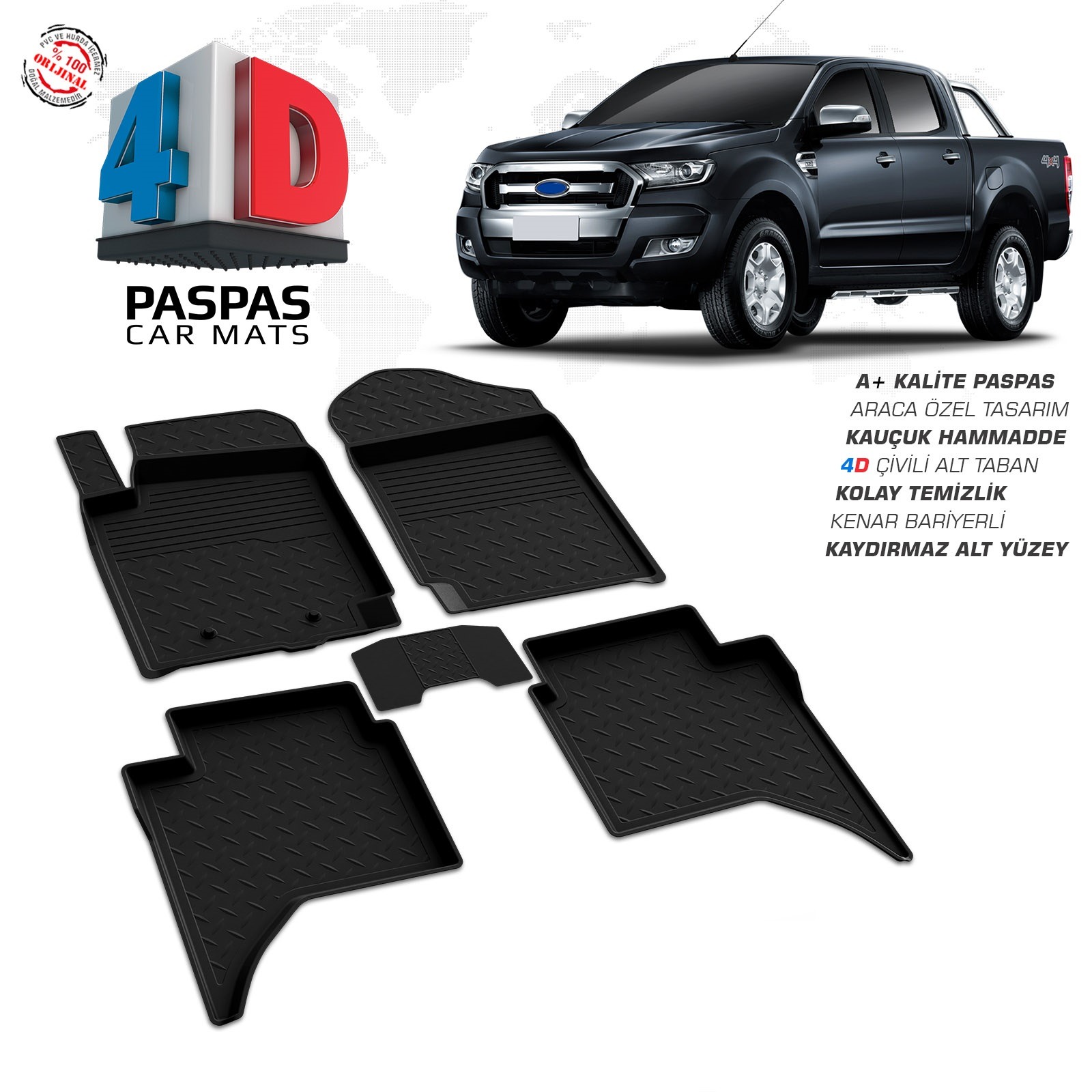 Ford Ranger 3 2015-2022 Uyumlu Araç İçi 4D Havuzlu Paspas