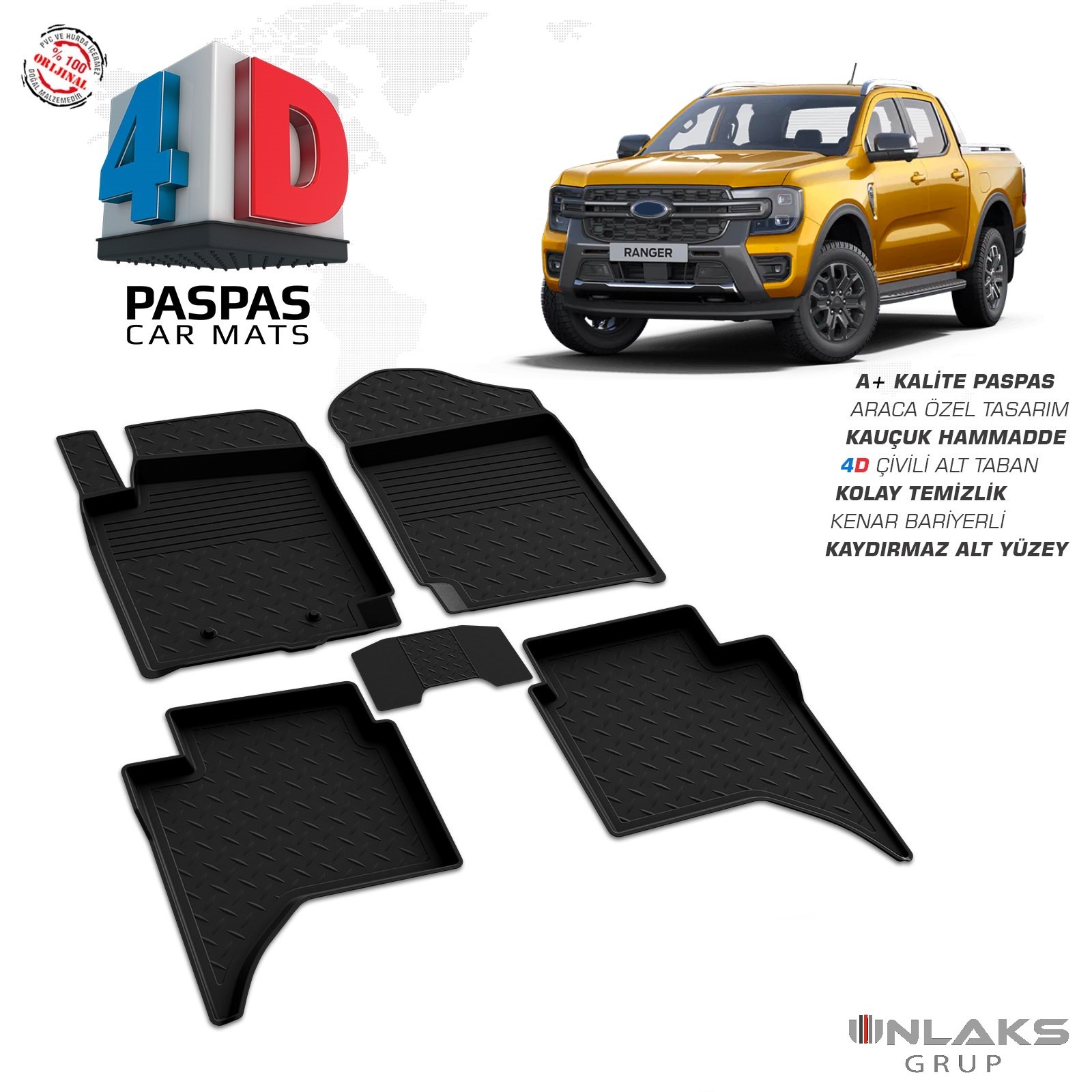 Ford Ranger 4-5 2022 Ve Sonrası Uyumlu Araç İçi 4D Havuzlu Paspas