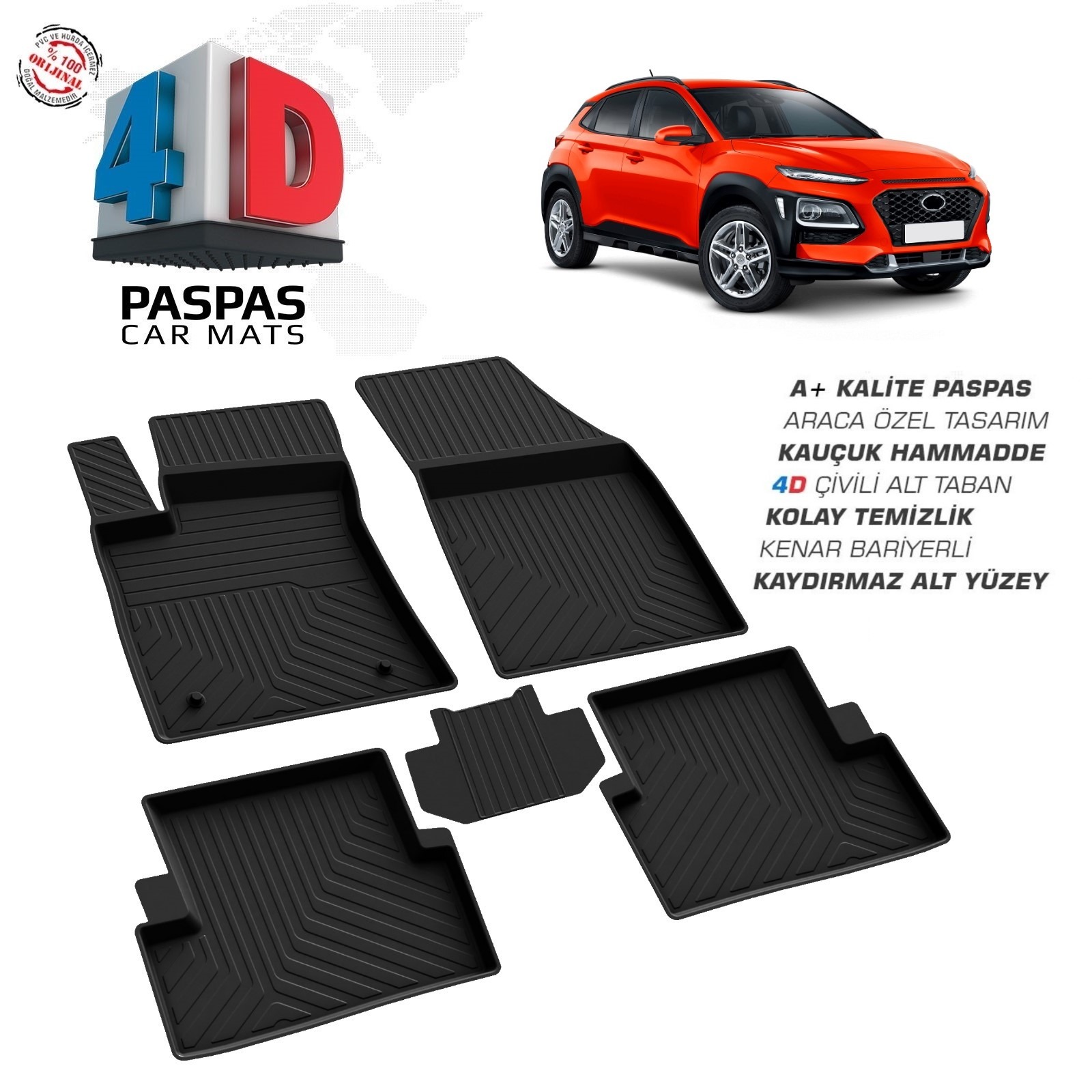 Hyundai Kona 2018 Ve Sonrası Uyumlu Araç İçi 4D Havuzlu Paspas