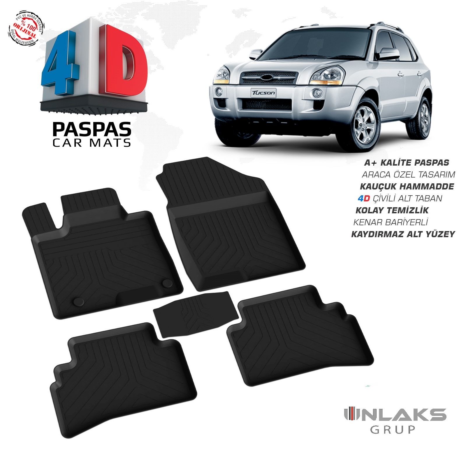 Hyundai Tucson 1 2004-2010 Uyumlu Araç İçi 4D Havuzlu Paspas