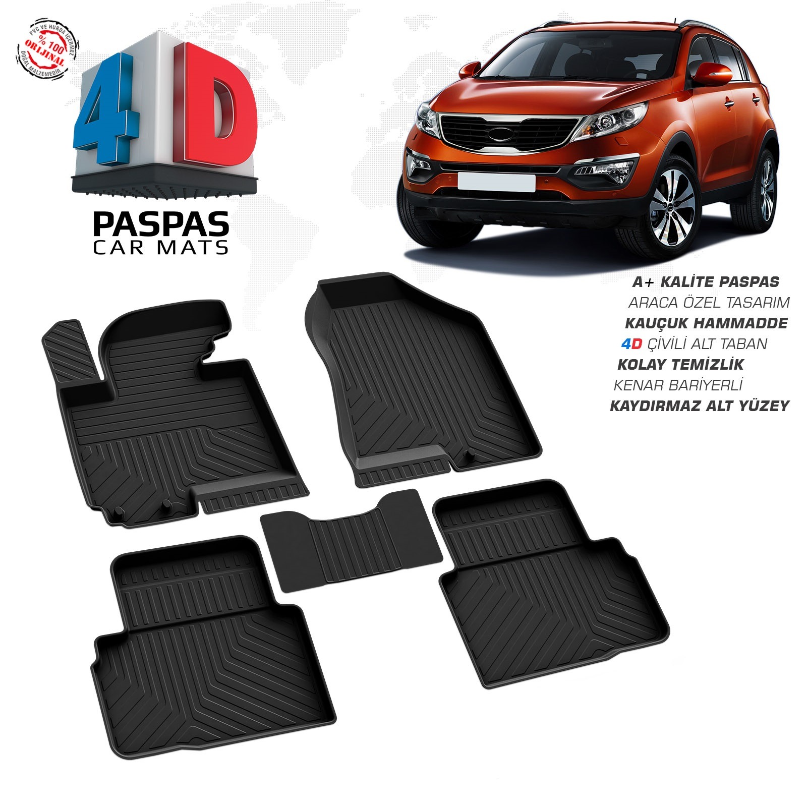 Kia Sportage 3 2010-2016 Uyumlu Araç İçi 4D Havuzlu Paspas