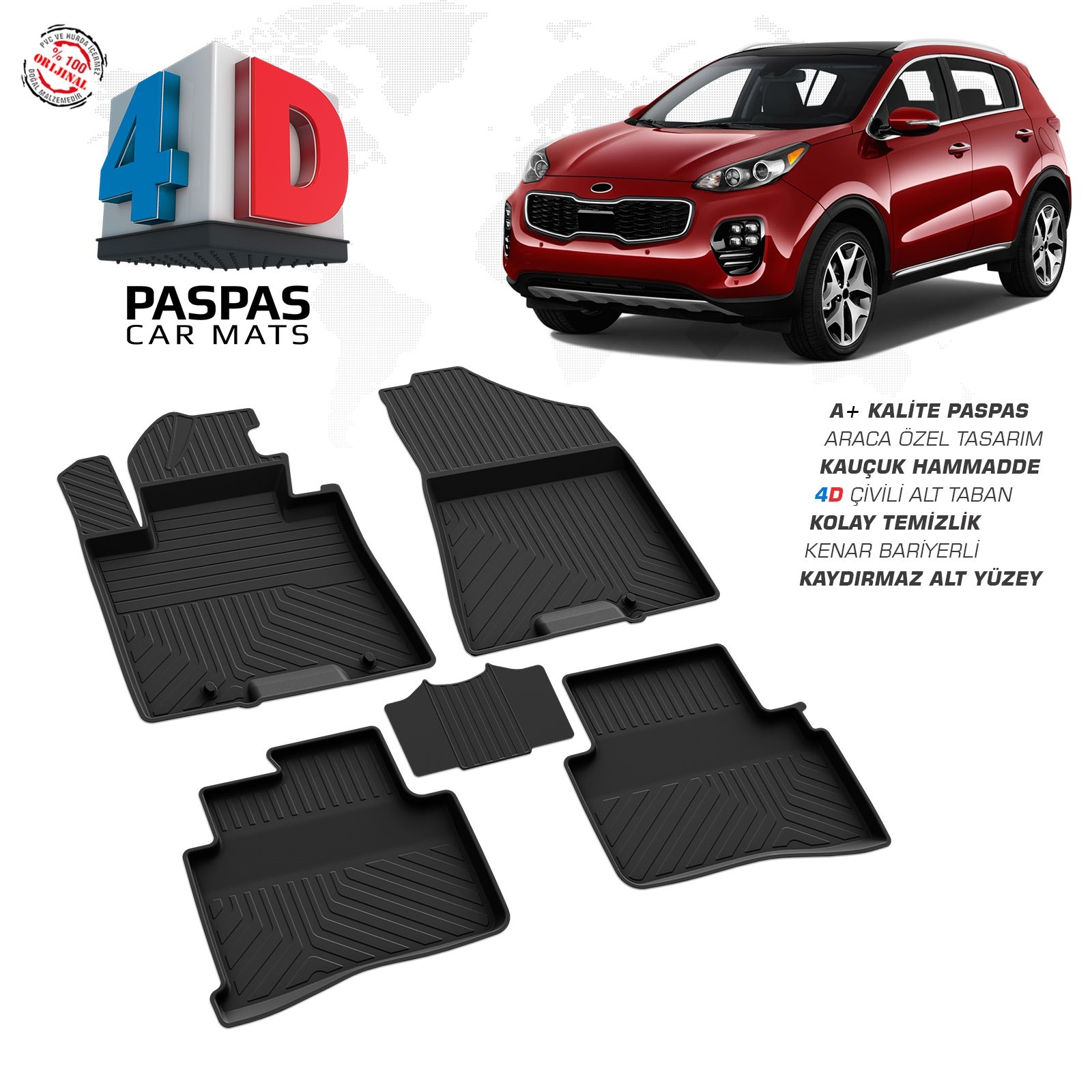 Kia Sportage 4 2016-2021 Uyumlu Araç İçi 4D Havuzlu Paspas