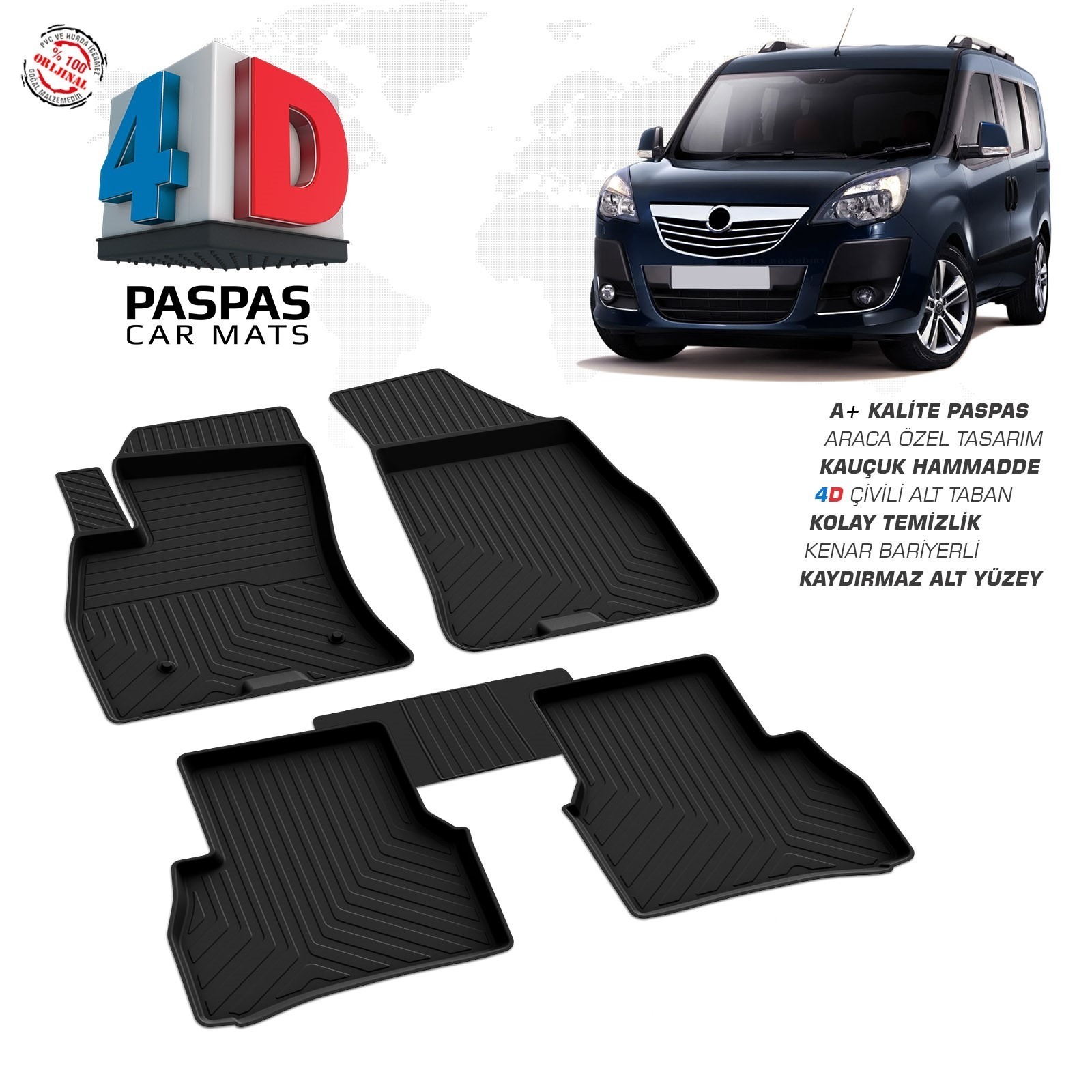 Opel Combo D 2012-2018 Uyumlu Araç İçi 4D Havuzlu Paspas