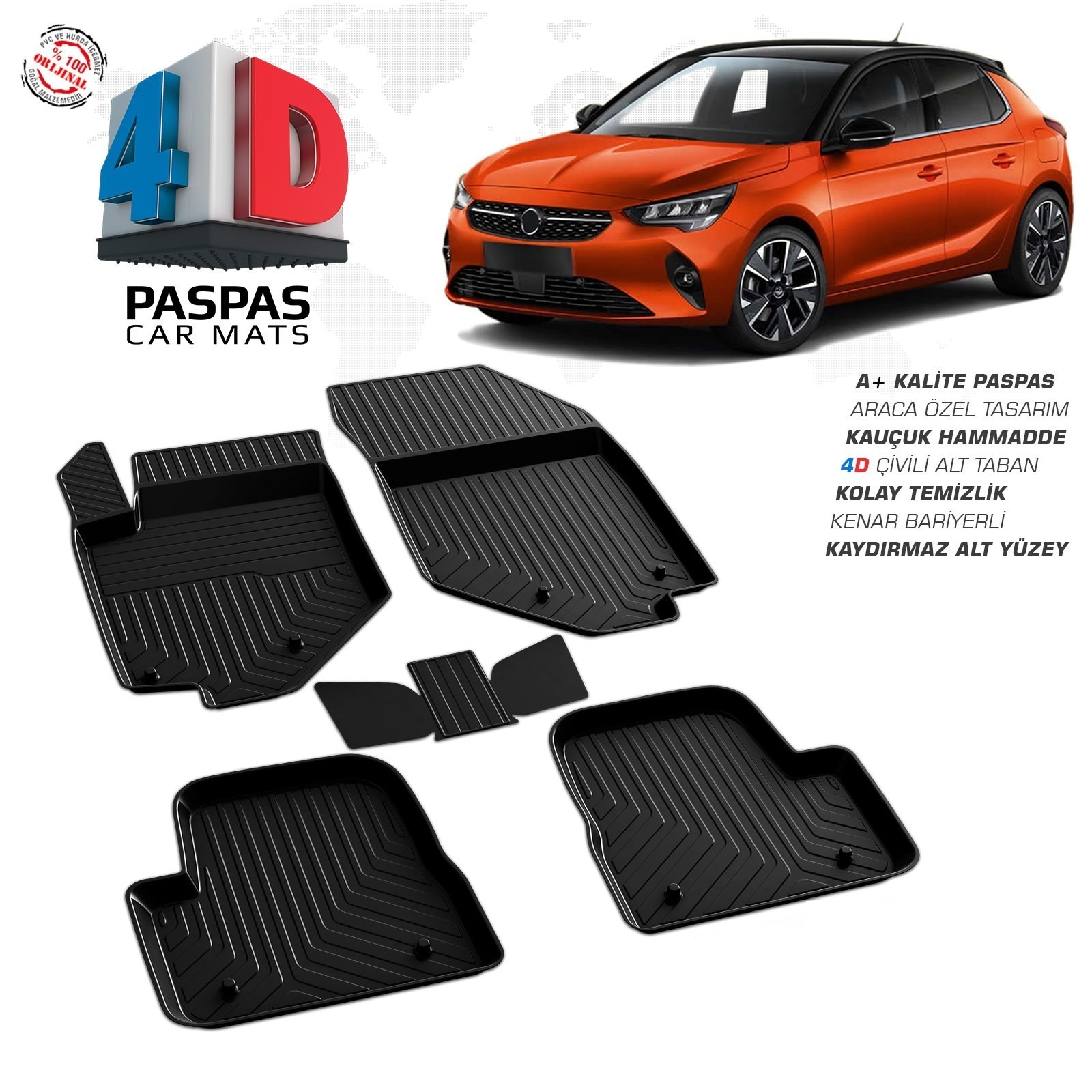 Opel Corsa F 2019 Ve Sonrası Uyumlu Araç İçi 4D Havuzlu Paspas