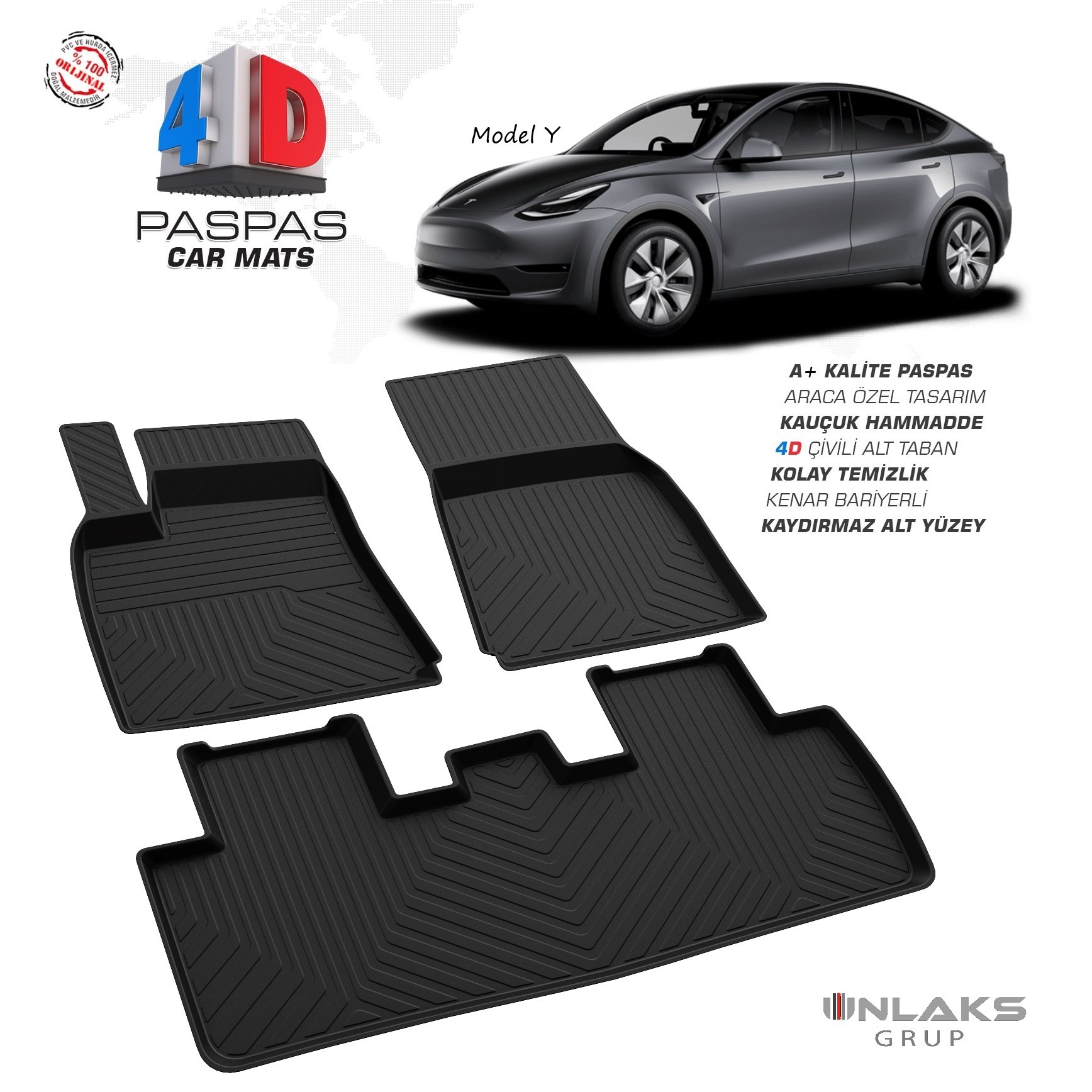 Tesla Model Y 2020 Ve Sonrası Uyumlu Araç İçi 4D Havuzlu Paspas