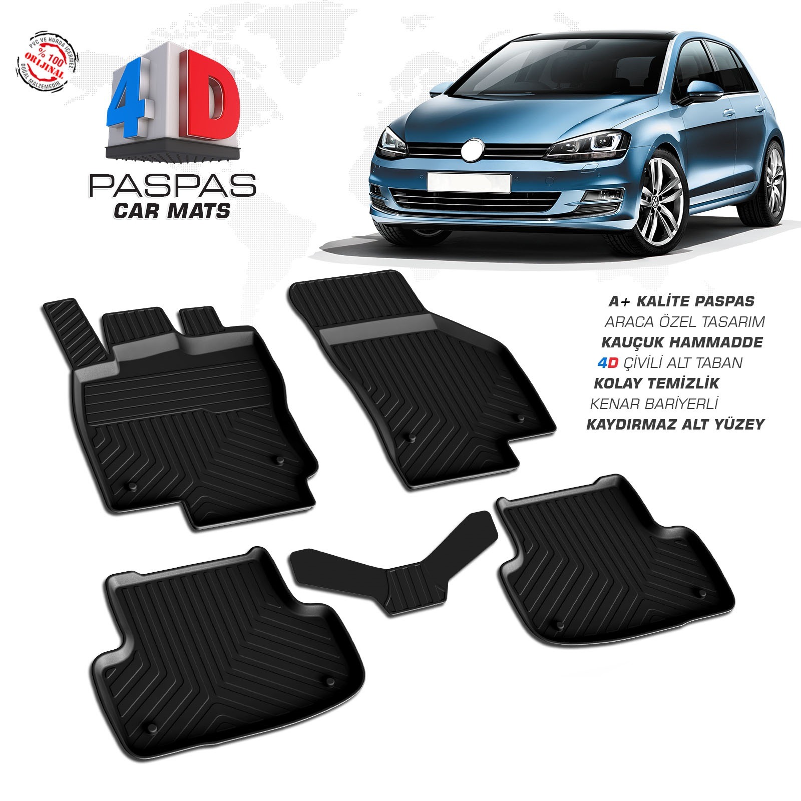 Volkswagen Golf 7 2013-2020 Uyumlu Araç İçi 4D Havuzlu Paspas