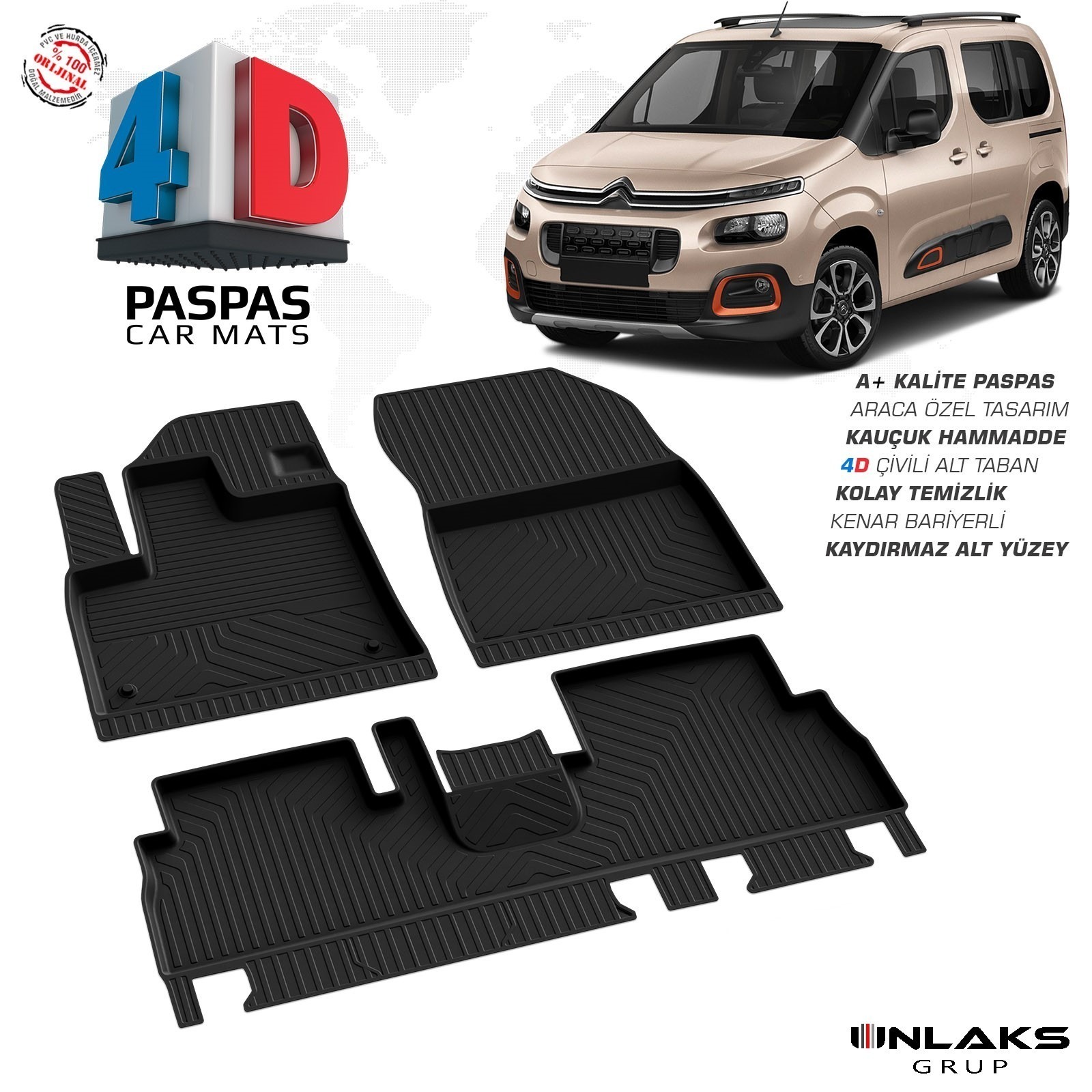 Citroen Berlingo 3 2019 Ve Sonrası Uyumlu Araç İçi 4D Havuzlu Paspas